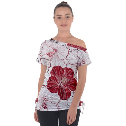 Red Hibiscus Flowers Art Off Shoulder Tie-up Tee by Jancukart