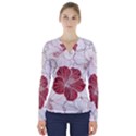 Red Hibiscus Flowers Art V-Neck Long Sleeve Top View1