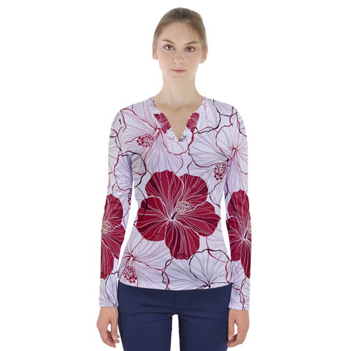 Red Hibiscus Flowers Art V-Neck Long Sleeve Top