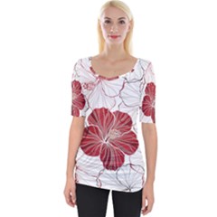 Red Hibiscus Flowers Art Wide Neckline Tee