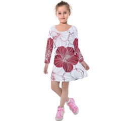 Red Hibiscus Flowers Art Kids  Long Sleeve Velvet Dress by Jancukart