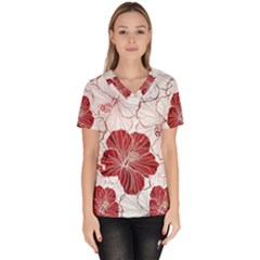 Red Hibiscus Flowers Art Women s V-neck Scrub Top