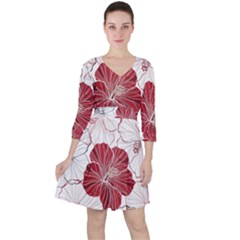 Red Hibiscus Flowers Art Quarter Sleeve Ruffle Waist Dress