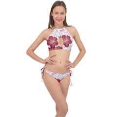 Red Hibiscus Flowers Art Cross Front Halter Bikini Set