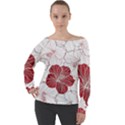 Red Hibiscus Flowers Art Off Shoulder Long Sleeve Velour Top View1