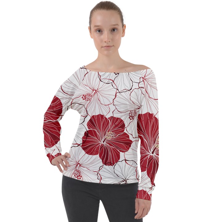 Red Hibiscus Flowers Art Off Shoulder Long Sleeve Velour Top