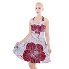 Red Hibiscus Flowers Art Halter Party Swing Dress 