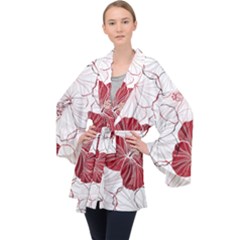 Red Hibiscus Flowers Art Long Sleeve Velvet Kimono  by Jancukart