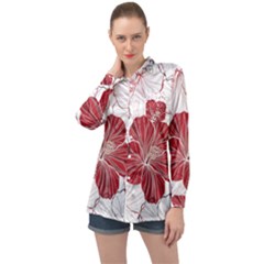 Red Hibiscus Flowers Art Long Sleeve Satin Shirt