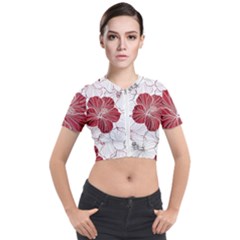 Red Hibiscus Flowers Art Short Sleeve Cropped Jacket by Jancukart