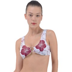 Red Hibiscus Flowers Art Ring Detail Bikini Top