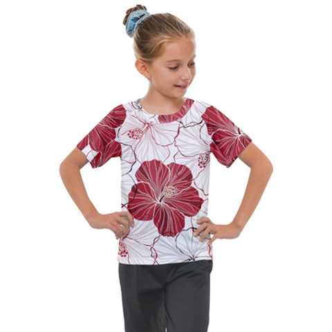 Red Hibiscus Flowers Art Kids  Mesh Piece Tee by Jancukart