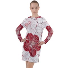 Red Hibiscus Flowers Art Long Sleeve Hoodie Dress by Jancukart