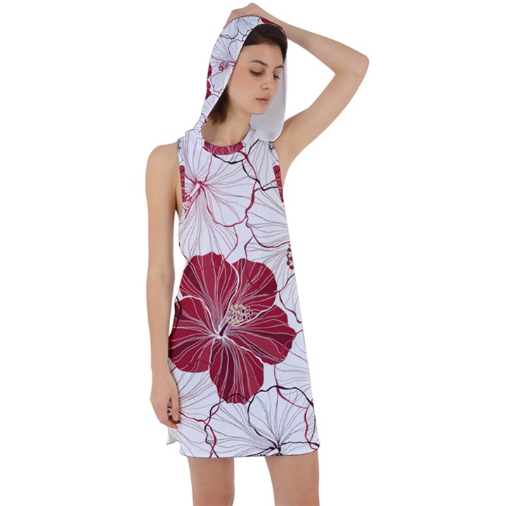 Red Hibiscus Flowers Art Racer Back Hoodie Dress