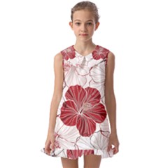 Red Hibiscus Flowers Art Kids  Pilgrim Collar Ruffle Hem Dress