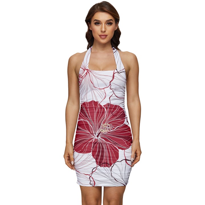 Red Hibiscus Flowers Art Sleeveless Wide Square Neckline Ruched Bodycon Dress