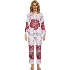 Red Hibiscus Flowers Art Womens  Long Sleeve Lightweight Pajamas Set by Jancukart