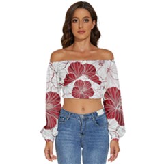 Red Hibiscus Flowers Art Long Sleeve Crinkled Weave Crop Top