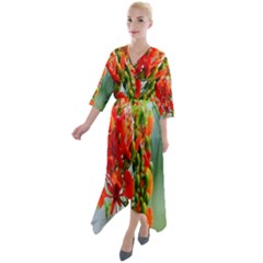 Gathering Sping Flowers  Quarter Sleeve Wrap Front Maxi Dress