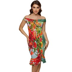 Gathering Sping Flowers  Off Shoulder Ruffle Split Hem Bodycon Dress by artworkshop