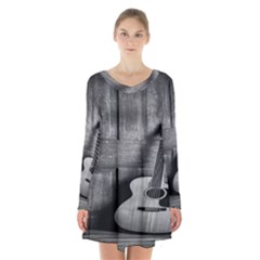 Acoustic Guitar Long Sleeve Velvet V-neck Dress by artworkshop