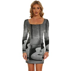 Acoustic Guitar Long Sleeve Square Neck Bodycon Velvet Dress