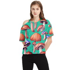 Mushroom Forest One Shoulder Cut Out Tee by GardenOfOphir