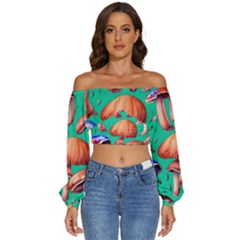 Mushroom Forest Long Sleeve Crinkled Weave Crop Top