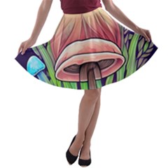 Tiny Forest Mushrooms A-line Skater Skirt by GardenOfOphir