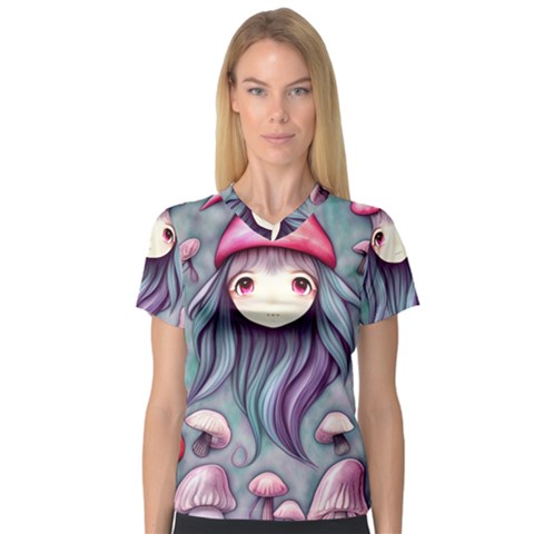 Witchy Mushroom Forest V-neck Sport Mesh Tee by GardenOfOphir