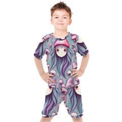 Witchy Mushroom Forest Kids  Tee And Shorts Set by GardenOfOphir