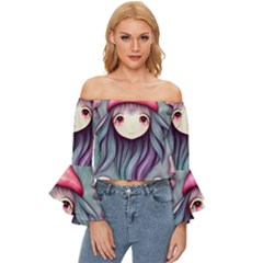 Witchy Mushroom Forest Off Shoulder Flutter Bell Sleeve Top