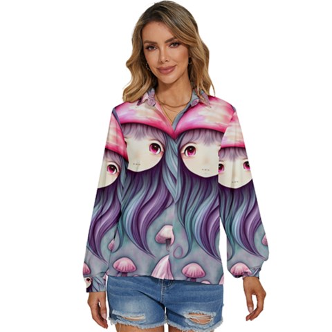 Witchy Mushroom Forest Women s Long Sleeve Button Down Shirt by GardenOfOphir