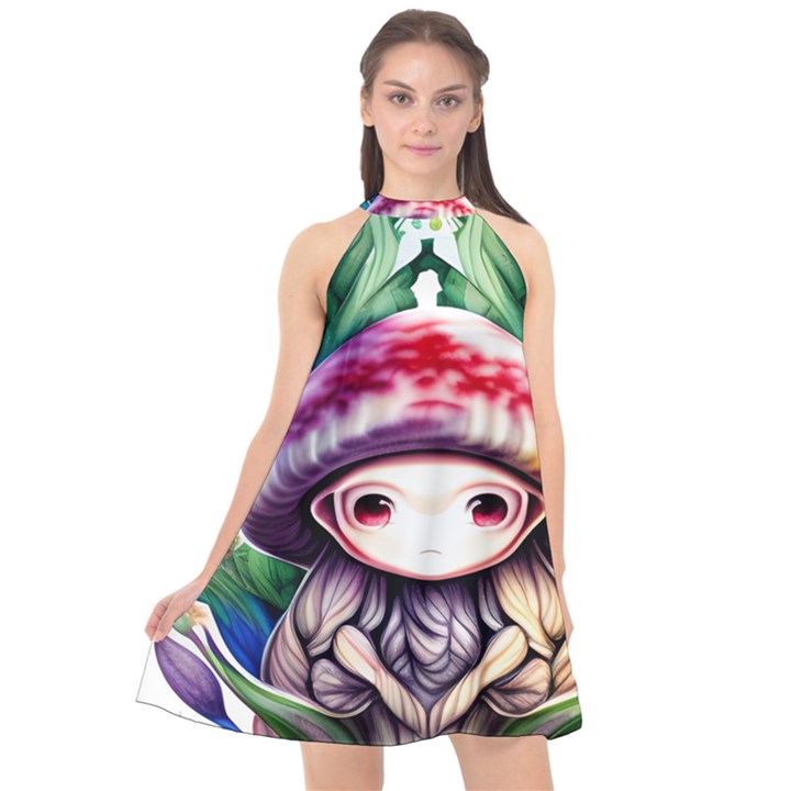 Fantasy Mushroom Forest Halter Neckline Chiffon Dress 