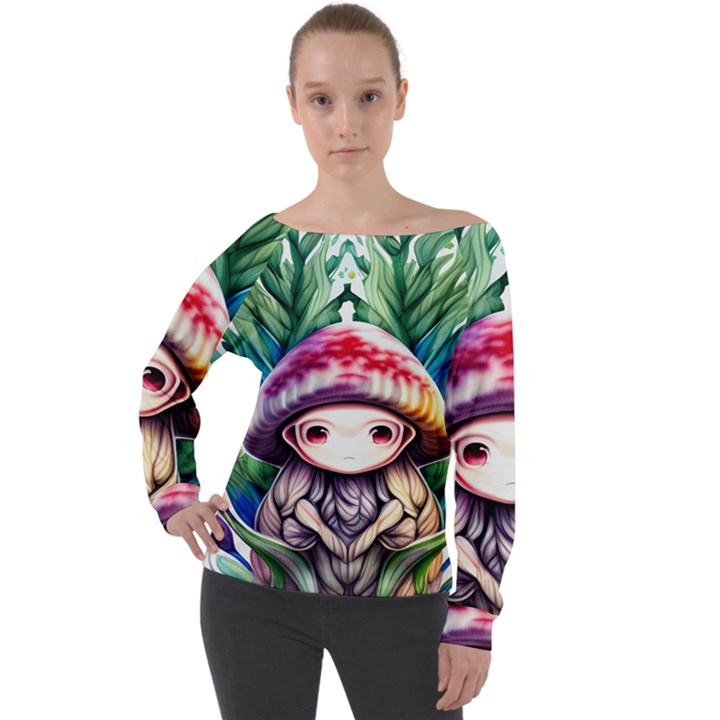 Fantasy Mushroom Forest Off Shoulder Long Sleeve Velour Top