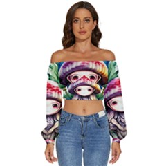 Fantasy Mushroom Forest Long Sleeve Crinkled Weave Crop Top