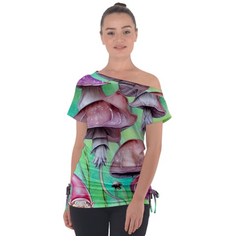 Historical Mushroom Forest Off Shoulder Tie-up Tee by GardenOfOphir