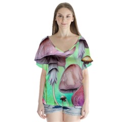 Historical Mushroom Forest V-neck Flutter Sleeve Top by GardenOfOphir