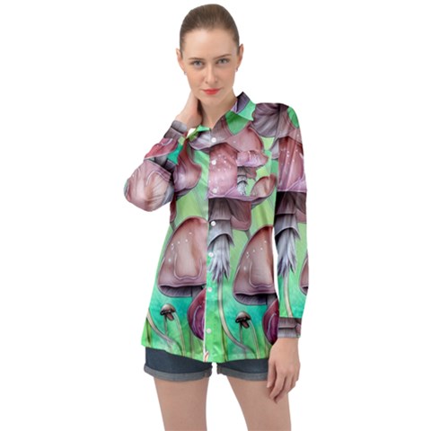 Historical Mushroom Forest Long Sleeve Satin Shirt by GardenOfOphir