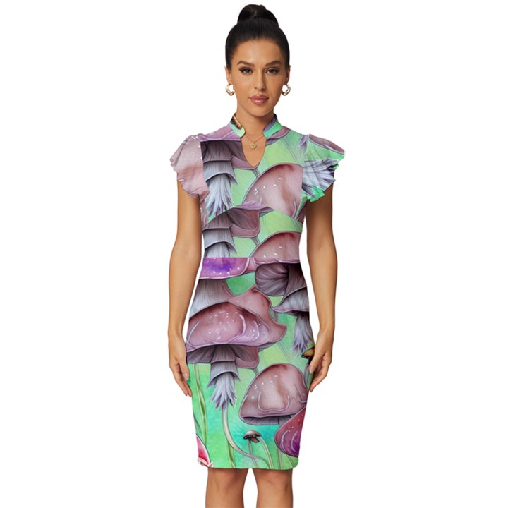 Historical Mushroom Forest Vintage Frill Sleeve V-Neck Bodycon Dress