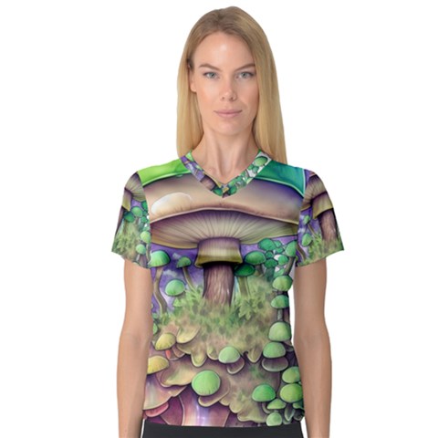 Farmcore Mushroom V-neck Sport Mesh Tee by GardenOfOphir