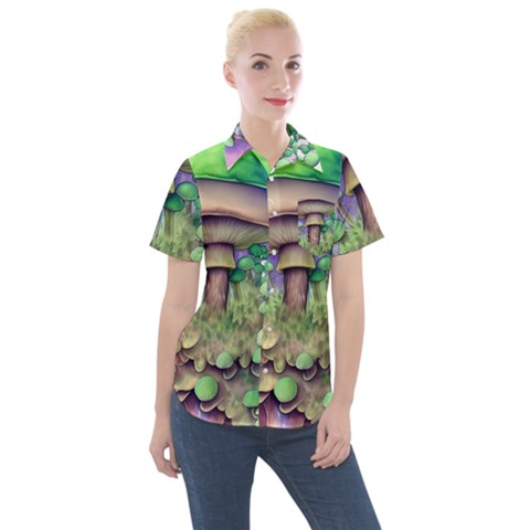 Farmcore Mushroom Women s Short Sleeve Pocket Shirt by GardenOfOphir