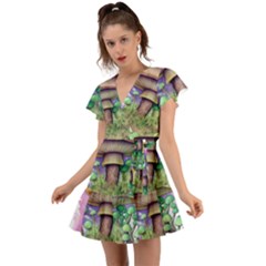 Farmcore Mushroom Flutter Sleeve Wrap Dress by GardenOfOphir