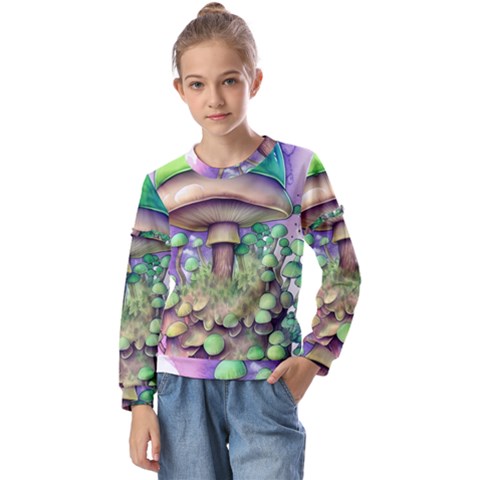 Farmcore Mushroom Kids  Long Sleeve Tee With Frill  by GardenOfOphir