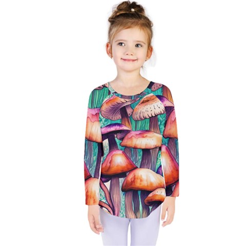 Witchy Mushrooms In The Woods Kids  Long Sleeve Tee by GardenOfOphir