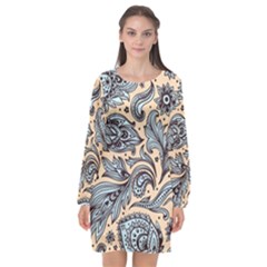 Texture Ornament Paisley Long Sleeve Chiffon Shift Dress 