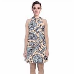 Texture Ornament Paisley Velvet Halter Neckline Dress 