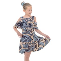 Texture Ornament Paisley Kids  Shoulder Cutout Chiffon Dress