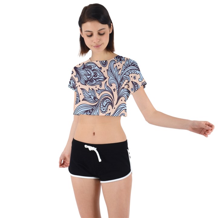 Texture Ornament Paisley Tie Back Short Sleeve Crop Tee