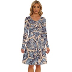 Texture Ornament Paisley Long Sleeve Dress With Pocket